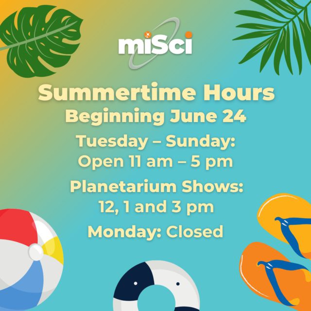 miSci's hours are changing with the seasons! ☀️ We will now be open 6 days a week for the summer. Starting Tuesday, you'll have more time to explore the exhibits and see the stars. 

Plan your visit ahead of time! Museum admission is purchasable online at miSci.org.

#miSciny #sciencemuseum #schenectadyny #capitalregionny #summer #summerhours